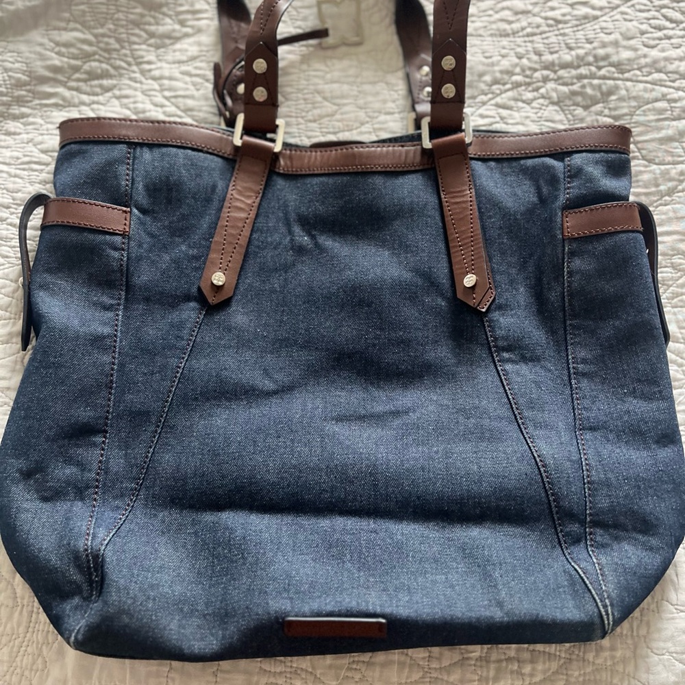 BCBGMaxAzria Blue and Brown Tote Bag with Leather Accents
